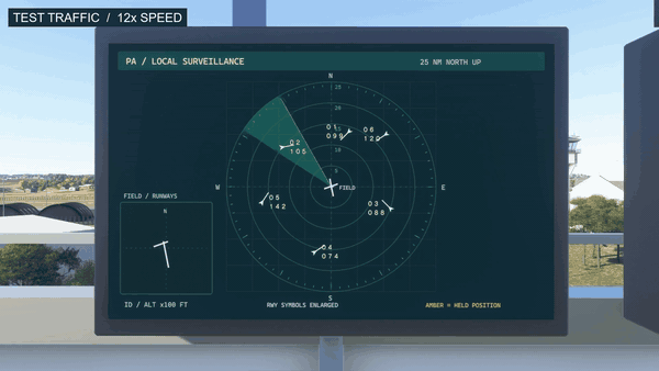 Native tower radar with several tracked contacts moving across the display.