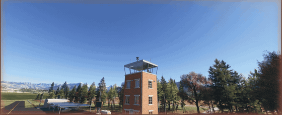 Montage: the heritage brick tower, a pilot walking in through its door, the cab radar screen, and the glass tower cab