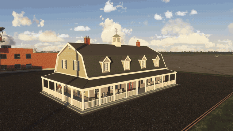 Montage: a coastal shingle FBO, an adobe FBO, an art deco terminal at sunset, a brick terminal entrance, a flying club bar and an island pavilion