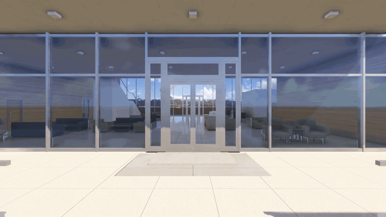 Montage: glass doors swing open, a camera climbs a glass stair to a sky lounge, then a mountain lodge porch, its fireplace and a curved upper gallery