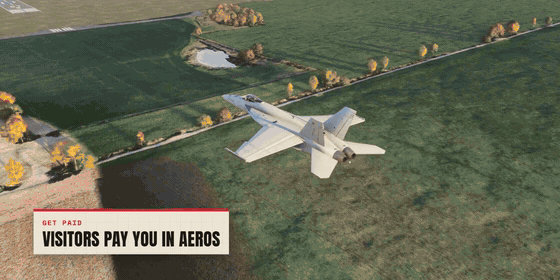 Montage: visitors paying in Aeros, quiet fields paying x1.5, the +1,000 Trailblazer card on the Claim Map, a low pass under 100 ft, tour pay, chests at 20 and 30 airports, passport rewards, and the day-one charts
